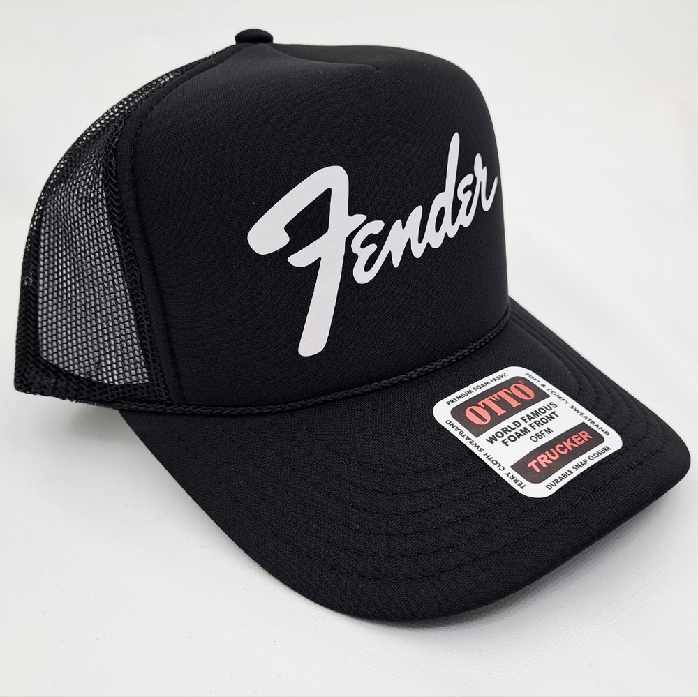 Fender Foam Trucker Mesh Snapback Cap Hat Black HTV Guitars Retro Vintage Rocker - Picture 2 of 5